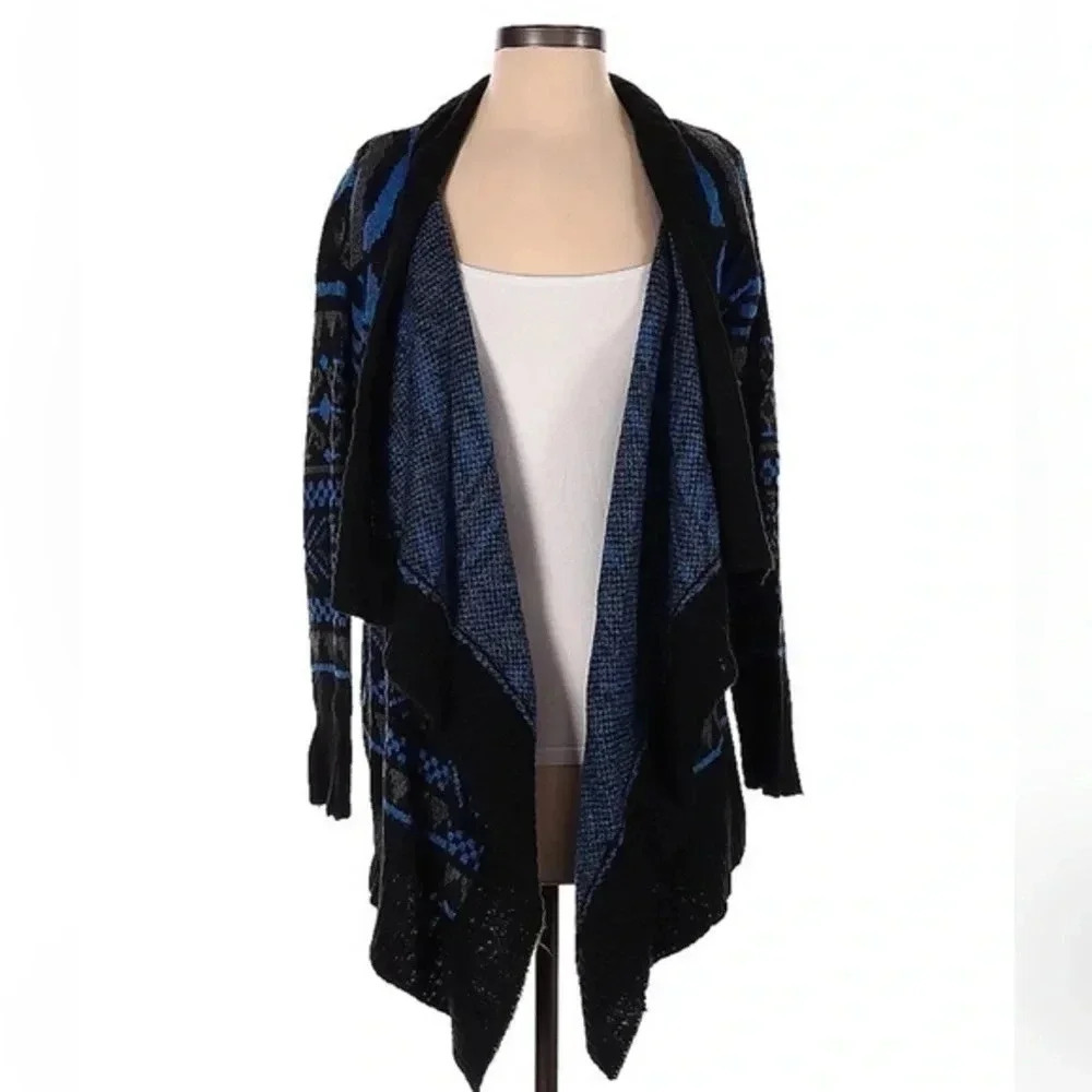 Neiman Marcus Blue Bohemian Aztec Open Front Draped Sweater Cardigan Size Small